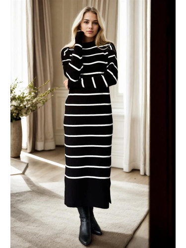 Z3059 Dewberry Womens Striped Long Sleeve Knitwear Dress-BLACK