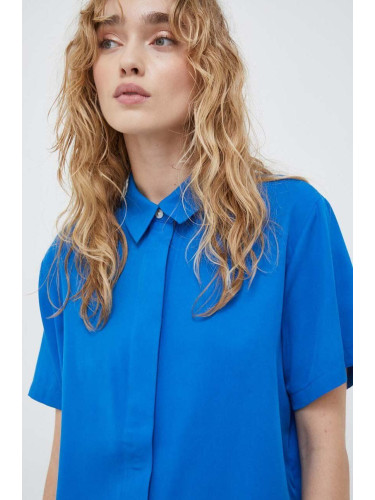 Риза Samsoe MINA дамска в синьо със стандартна кройка с класическа яка F21200143